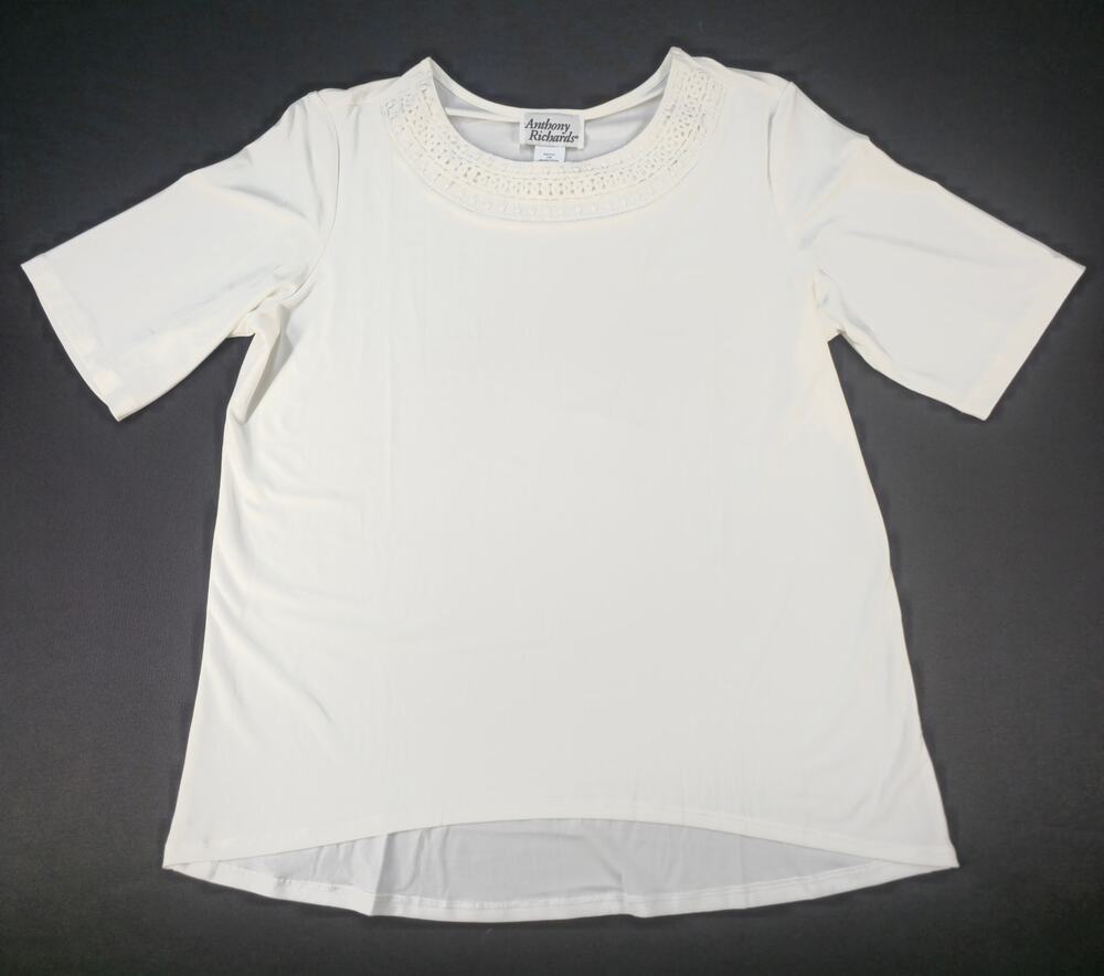 Anthony Richards Women's Large White Crochet Trim 3/4 Sleeve Blouse